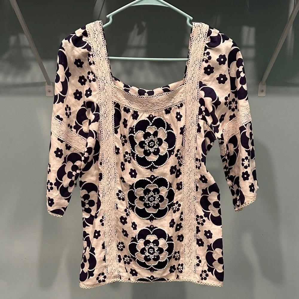 Tory Burch Cream and Navy beaded Floral Blouse